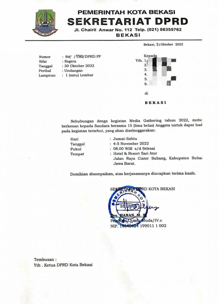 Disinyalir Tebang Pilih, Kegiatan Gathering DPRD Kota Bekasi “Di Soal “